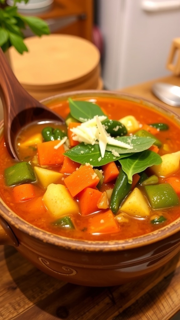 A colorful bowl of minestrone soup with seasonal vegetables, garnished with Parmesan cheese, on a rustic kitchen table.